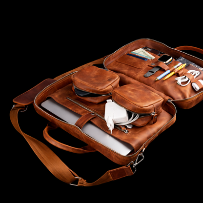 Vintage Brown Leather Laptop Briefcase In Camel