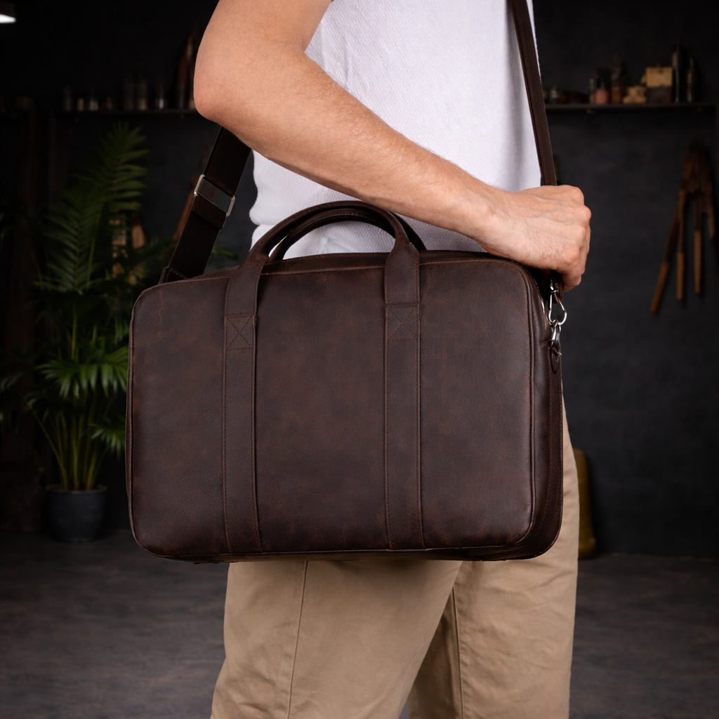 Vintage Brown Leather Laptop Briefcase In Chestnut