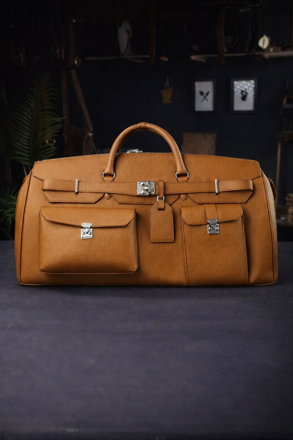 Noir Grand Leather Duffel in Cognac Tan