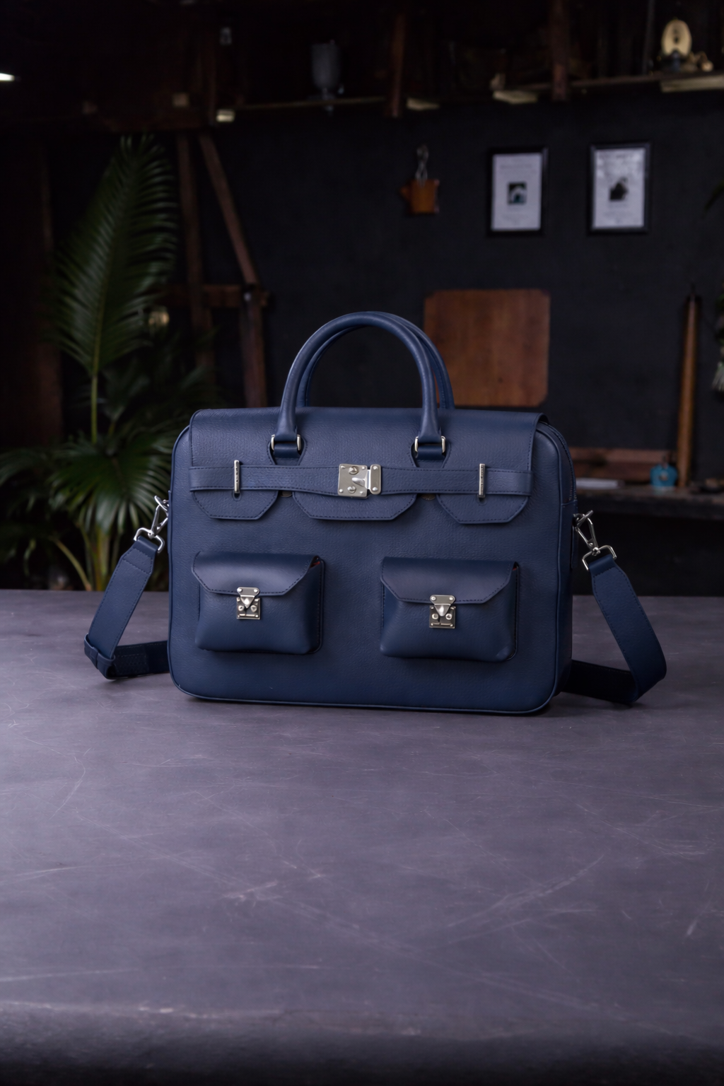 The Sovereign Leather Briefcase In Midnight Navy