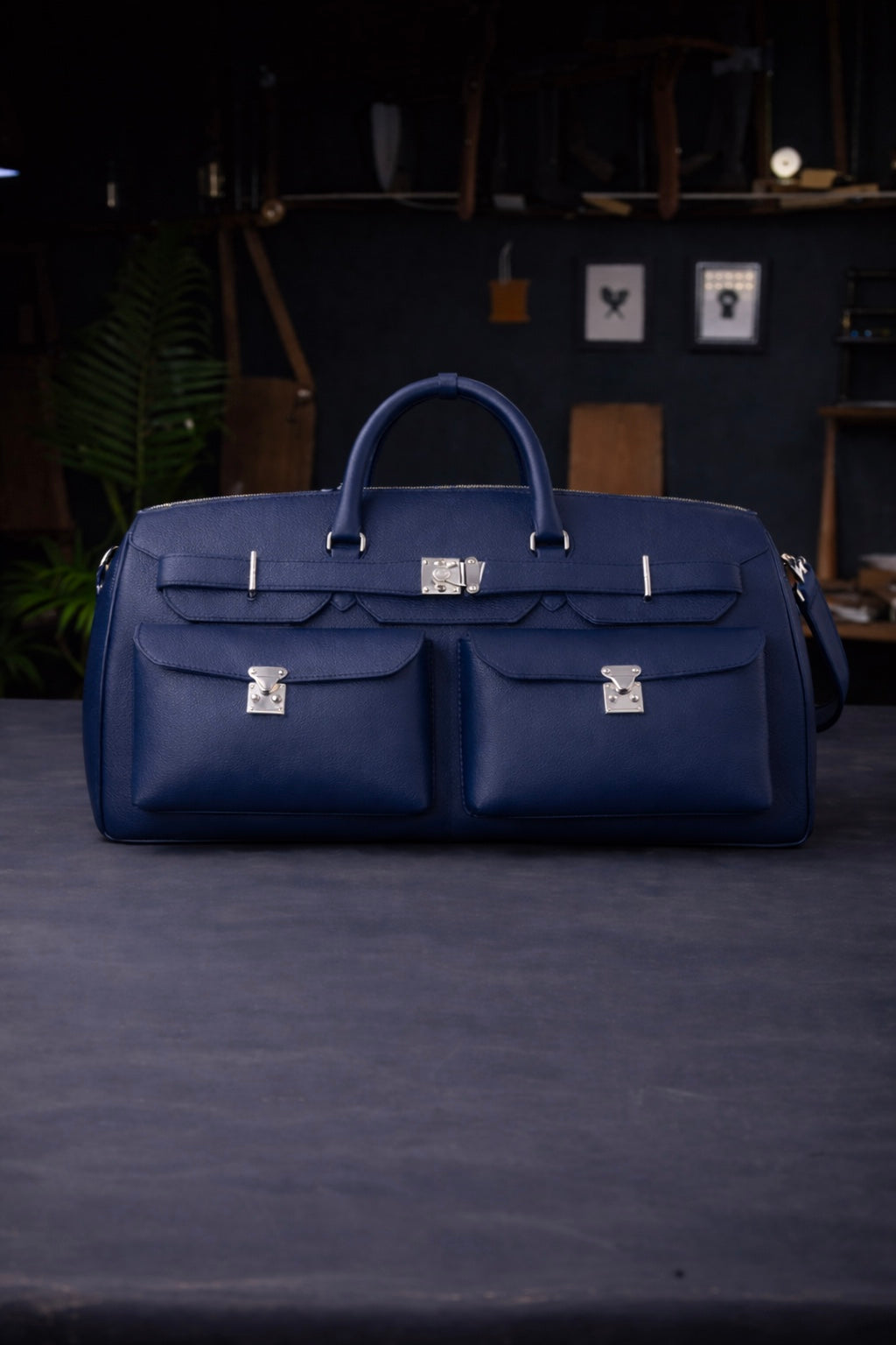 Noir Grand Leather Duffel in Midnight Navy