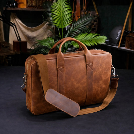 Vintage Brown Leather Laptop Briefcase In Camel