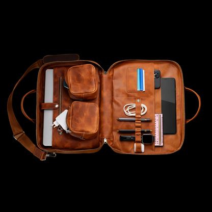 Vintage Brown Leather Laptop Briefcase In Camel