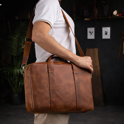 Vintage Brown Leather Laptop Briefcase In Camel