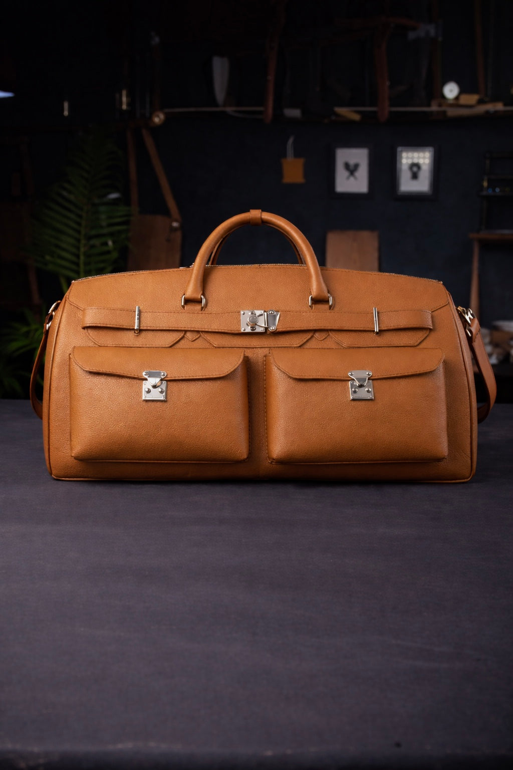 Noir Grand Leather Duffel in Cognac Tan