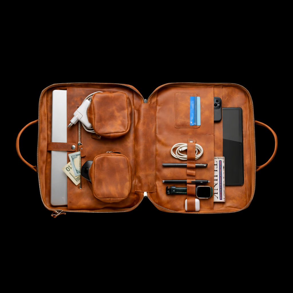 Vintage Brown Leather Laptop Briefcase In Camel