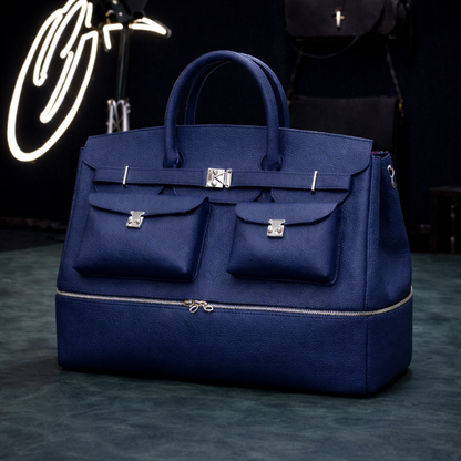 The Noir Executive Pebbled Leather Tote In Midnight Navy