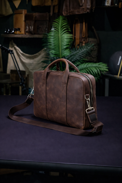 Vintage Brown Leather Laptop Briefcase In Chestnut
