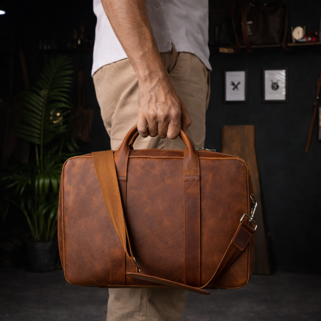 Vintage Brown Leather Laptop Briefcase In Camel