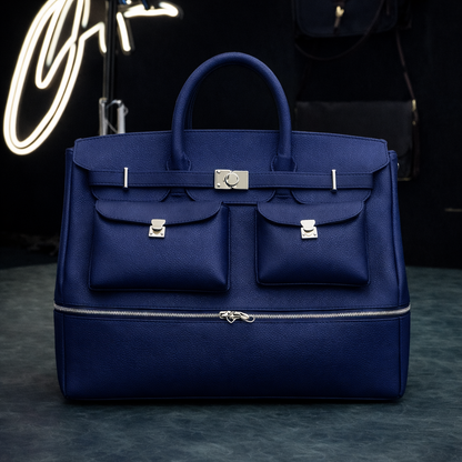 The Noir Executive Pebbled Leather Tote In Midnight Navy