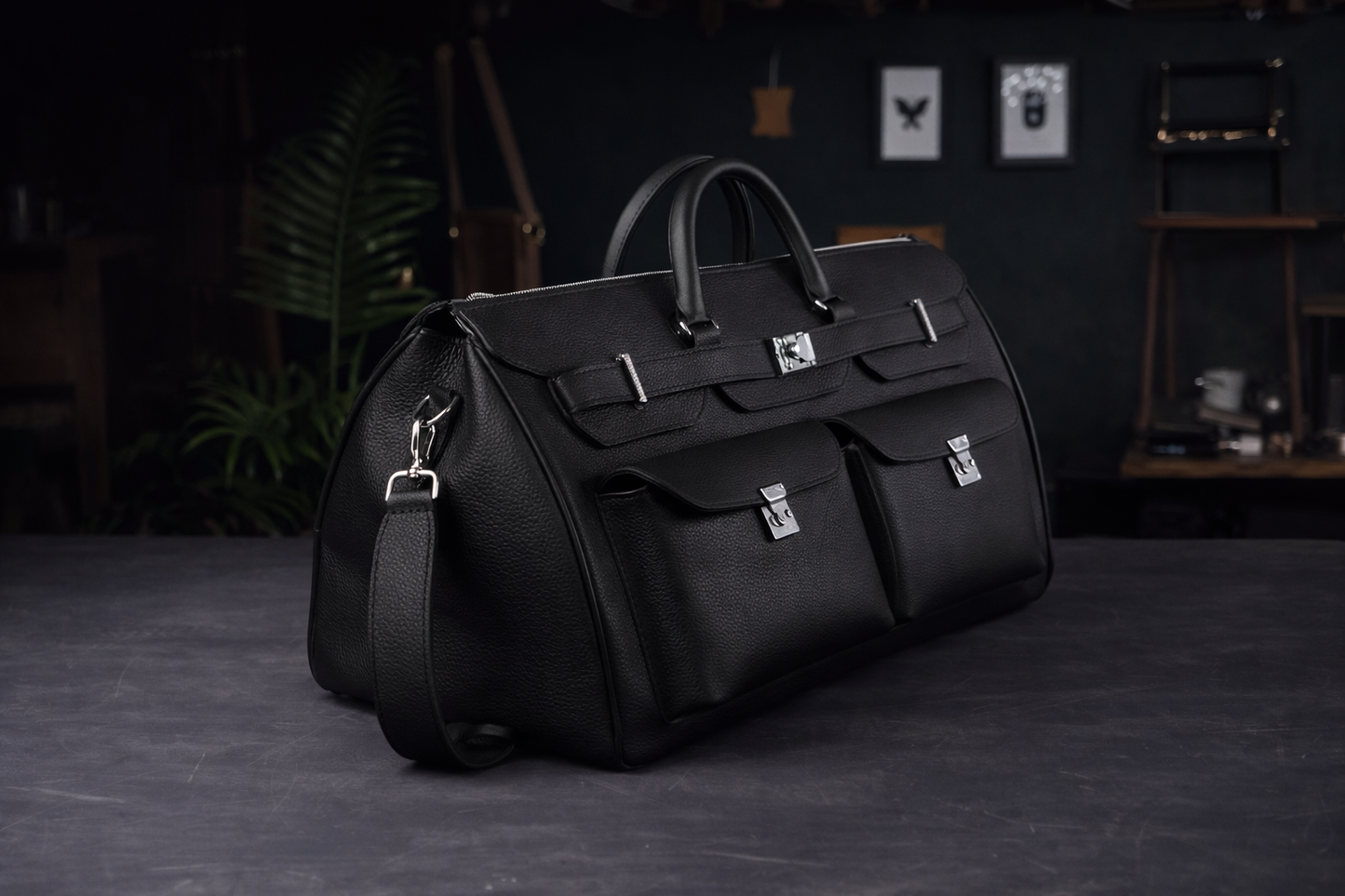 Noir Grand Leather Duffel in Onyx Black