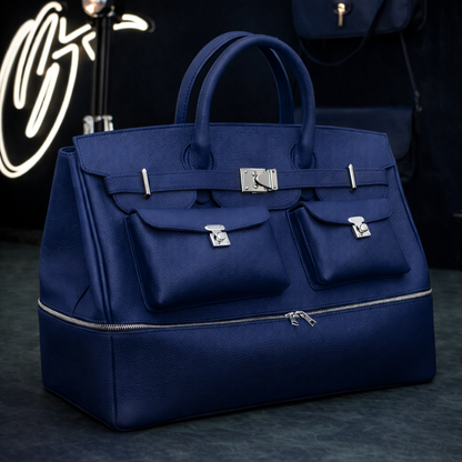 The Noir Executive Pebbled Leather Tote In Midnight Navy