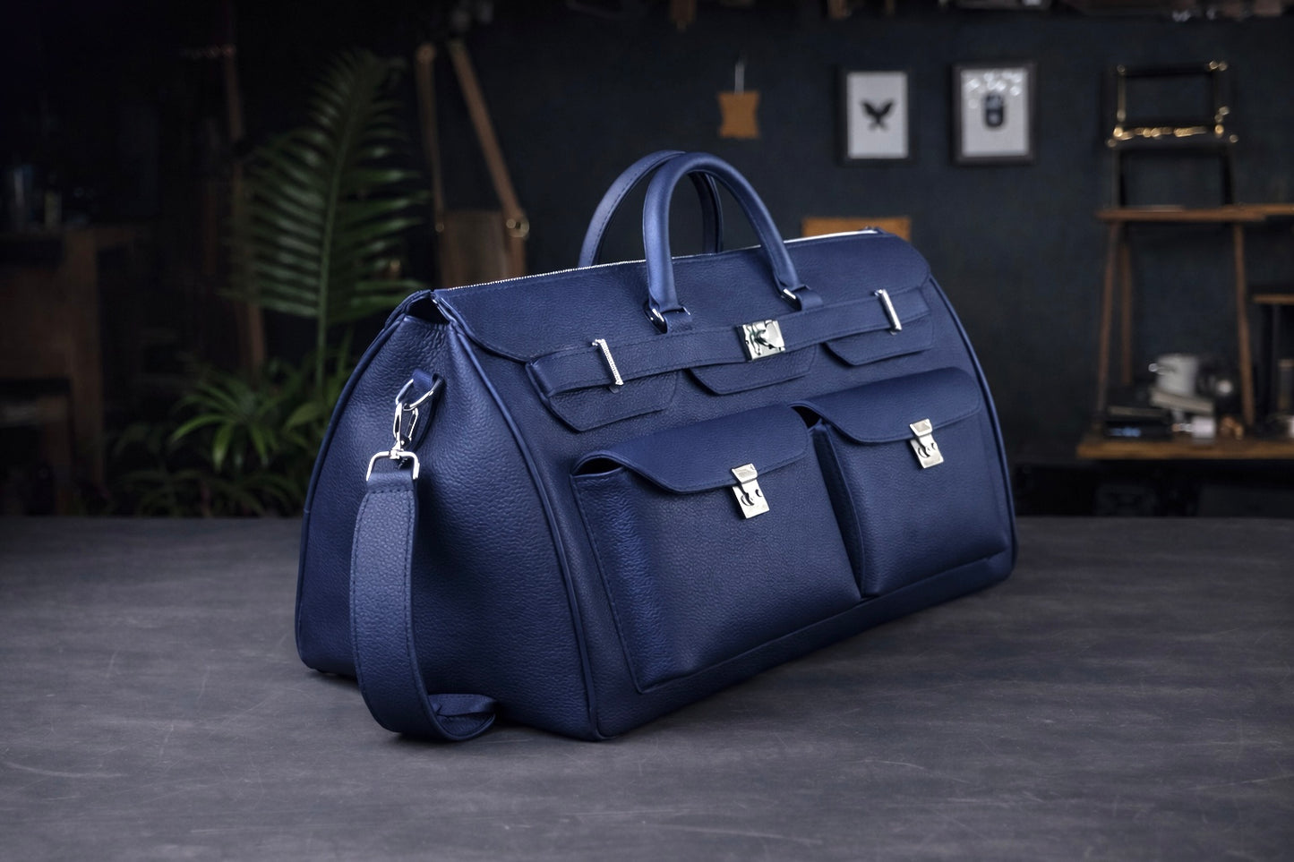 Noir Grand Leather Duffel in Midnight Navy